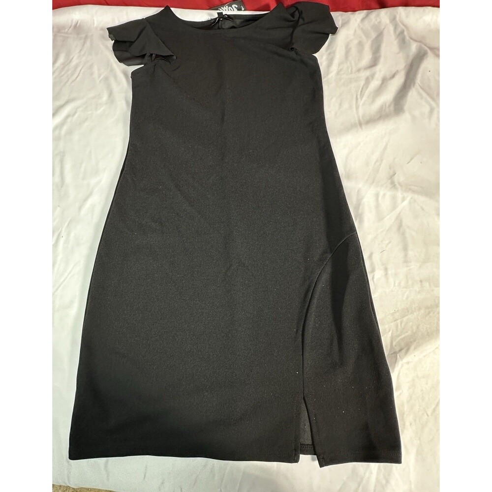 Jump Apparel Black Dress Medium USA Made Ruffle Sleeve Slit Hem